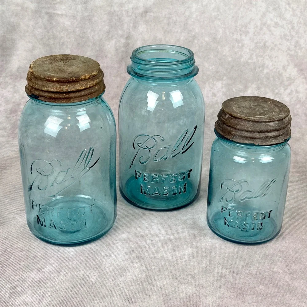 Vintage Ball Perfect Mason Jars Aqua Blue Glass Set of 3 Zinc Lids Antique Decor